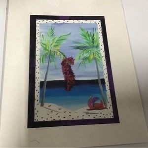 New Maria Kazounis red hat & purple red boa island scene palm tree art print